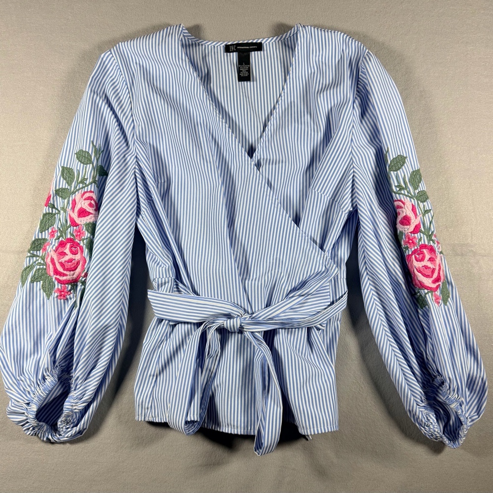 INC Women  Size L Blue Striped Wrap Top Floral Embroidered Balloon Sleeve